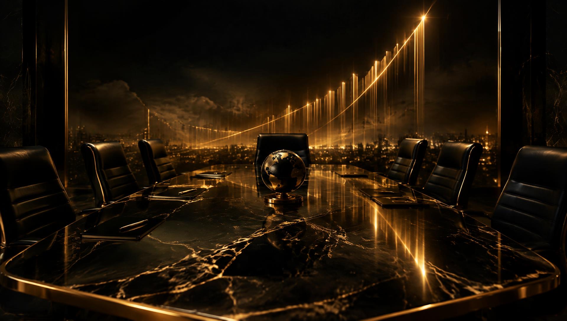 Boardroom at night with golden market projections